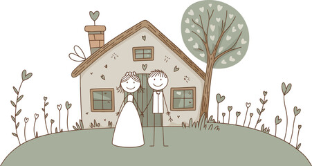Love's Abode: A charming illustration depicts a couple, hand-in-hand, standing before their quaint cottage, a symbol of their shared home and budding life together.