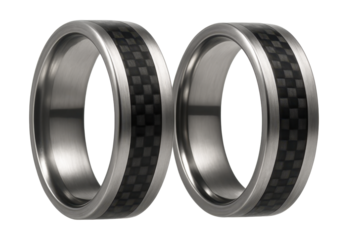Titanium couple rings featuring unique carbon fiber inlays.