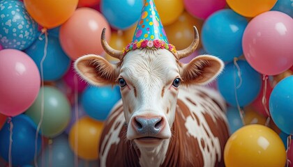  happy birthday party balloons enjoying with brown cow 