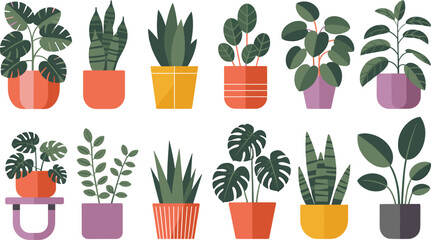 Potted houseplants, colorful pots, leaf variety, indoor greenery, cozy decor, botanical illustration, cartoon foliage, plant shapes, decorative design