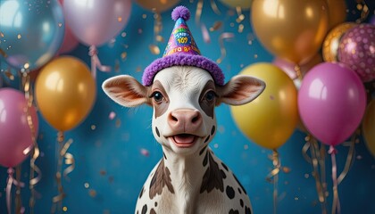 happy birthday party celebrating with little cow