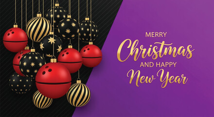 A festive Christmas and New Year greeting card featuring bowling ball ornaments against a vibrant purple backdrop, perfect for holiday celebrations and greetings.