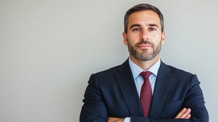 Confident business professional standing with arms crossed in a formal suit against a neutral background with copy space representing expertise concept