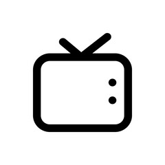 A simple black and white icon of a television with antenna and two circular buttons on the right side of screen