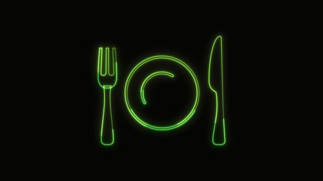 Fork and Knife with Plate Icon Neon Seamless Loop 4K with Black Background Animated Promotional Typography for Video Editing