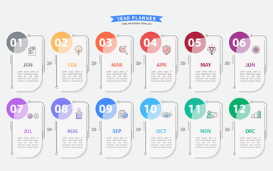 Timeline Creator infographic template. 12 months timeline journey, 1 year calendar infographics design template. presentation graph. Business concept with 12 options or steps, vector illustration.