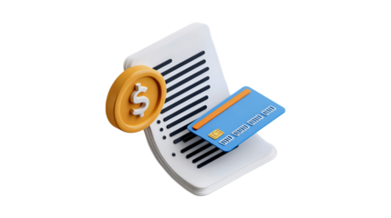 A 3D rendering of a financial document a blue credit card and a gold coin with a dollar sign symbolizes digital payment financial statements and money management
