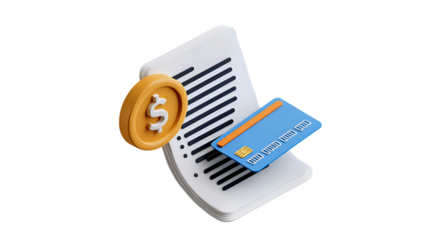 A 3D rendering of a financial document a blue credit card and a gold coin with a dollar sign symbolizes digital payment financial statements and money management