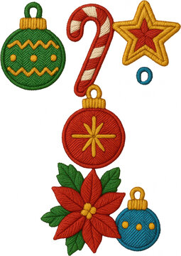 Festive christmas alphabet lette T embroidery clipart collection with candy cane ornament star and poinsettia for holiday design