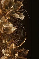 Abstract floral design with golden flowers and swirling lines on a dark background. Elegant and modern aesthetic. vertical banner, copy space, free space for text