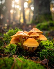 A cluster of orange mushrooms growing in a vibrant green mossy forest