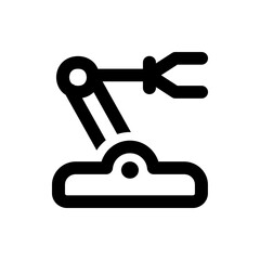 Illustration of a robotic arm with a gripper, featuring a base, joints, and a tool head, in black outline