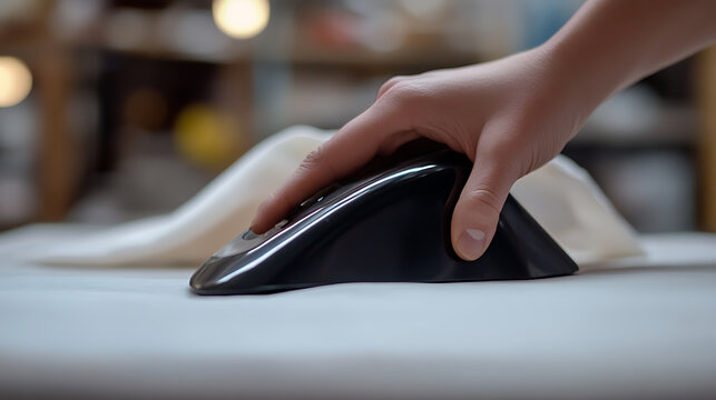 A hand operates a sleek, black, triangular device on a white surface next to a soft, white fabric. The scene is set indoors with a blurred background, suggesting a workshop environment.