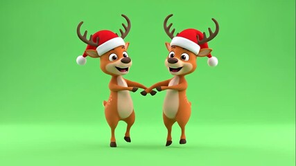 Cartoon Reindeer Dancing on Green Screen - Two cheerful cartoon reindeer wearing Santa hats are dancing together on a green screen background. They are holding hands and smiling, ready for Christmas. - Powered by Adobe
