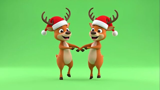 Cartoon Reindeer Dancing on Green Screen - Two cheerful cartoon reindeer wearing Santa hats are dancing together on a green screen background. They are holding hands and smiling, ready for Christmas.