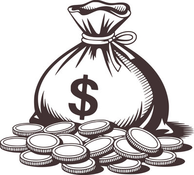 Overflowing money bag with dollar sign and scattered coins wealth finance