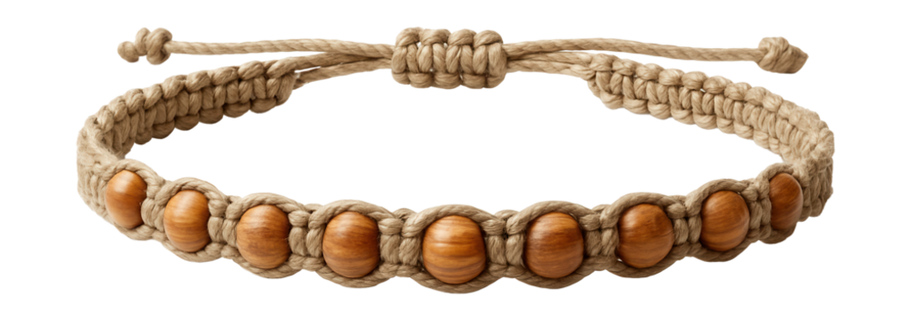 Macrame anklet featuring wooden beads for a natural, earthy style.