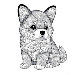 Coloring image of cute dog, black and white, crisp lines, white background, sketch style, children’s coloring book, generative AI