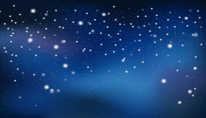 A dark blue winter night sky background with snow and scattered snow dust. A magical night sky vector template for invitations, greeting posters, elegant cards, and dreamy designs