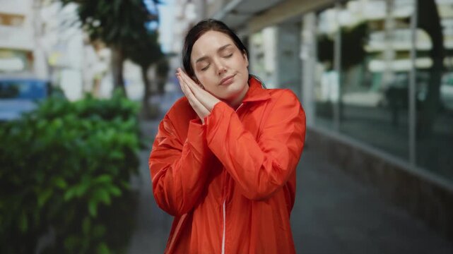 Woman with closed eyes wearing orange prison jumpsuit on city street outdoors expressing peace and relaxation against urban backdrop with green plants and buildings in background.