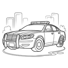 Coloring image of police car black and white, crisp lines, white background, sketch style, children’s coloring book, generative AI