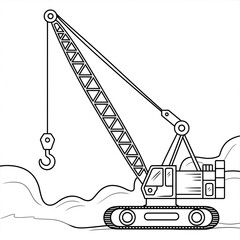 Coloring image of construction crane black and white, crisp lines, white background, sketch style, children’s coloring book, generative AI