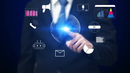 Customer service and support solution, Businessman offering digital support with global communication icons. Contact us page, online helpdesk, Ai chatbot, email, Ai assistance. - Powered by Adobe