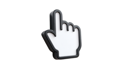 A three dimensional computer hand pointer icon with a textured black border stands isolated against a clean white background