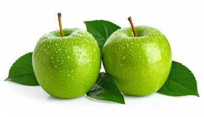 Two fresh green Granny Smith apples with water droplets and leaves—highlighting tart freshness and natural vibrancy.