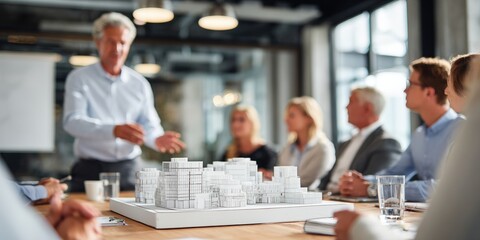 Architect presenting modern architectural scale model to business team in a professional office meeting setting