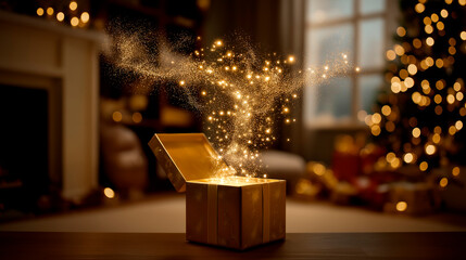 A golden gift box that opens by itself with magical sparkles floating in a cozy living room with a Christmas tree in the background