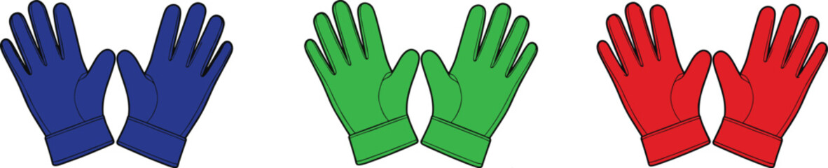 Colorful gloves illustration, blue green red pairs, vector accessory design, winter clothing icon, fashion garment template, simple handwear drawing, apparel sketch