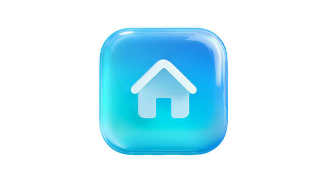A glossy blue three-dimensional home icon with a white house silhouette set against a vibrant turquoise and blue gradient background