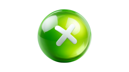 A glossy green sphere icon with a white X symbol used to close or cancel an action