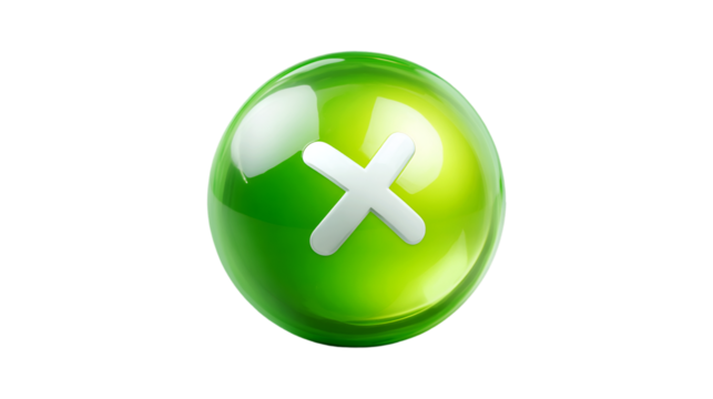 A glossy green sphere icon with a white X symbol used to close or cancel an action