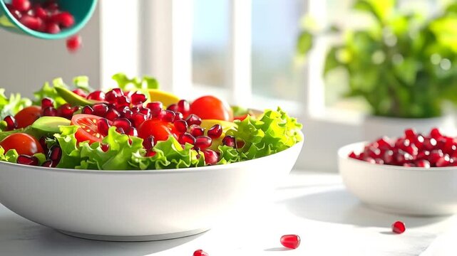 Adding Fresh Pomegranate Seeds to a Healthy Green Salad.