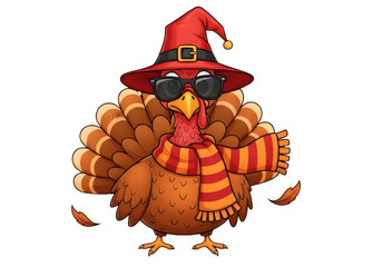 "Thanksgiving Turkey with Red Hat, Sunglasses, and Scarf Isolated on Transparent Background PNG"