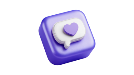 A 3D social media notification icon with a purple heart in a white speech bubble on a purple square isolated on a white background