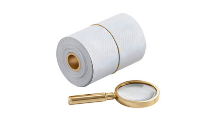 A golden magnifying glass closely examines the detailed grid on a large roll of white paper suggesting a focus on quality inspection and precision