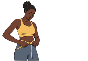 A young Black woman measures her waist with a measuring tape, expressing concern. She wears athletic wear and jeans. A simple, clean background highlights her focused expression.