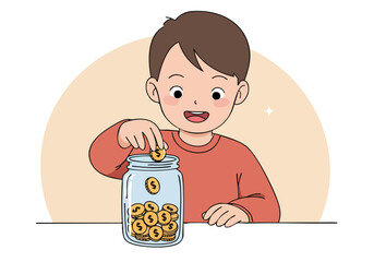 A young boy happily saves coins in a jar. A simple, heartwarming illustration with a focus on saving and financial literacy. Bright, cheerful colors and a clear composition.
