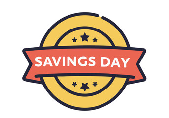 Bold savings day logo featuring a yellow circle with a red ribbon and stars. Clean, modern design suitable for commercial use. Bright and eye-catching.