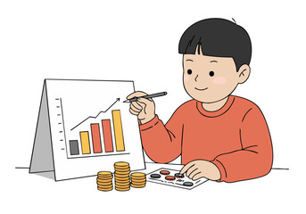 A young boy learns about finances, studying a graph and coins. He?s smiling and engaged, demonstrating financial literacy. Bright, cheerful illustration.