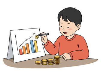 A young boy learns about finances, drawing a graph and counting coins. Bright, educational illustration with a focus on financial literacy. Clear composition and positive expression.