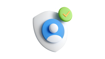 A white shield with a blue user icon and a green checkmark symbolizes verified user security and digital protection