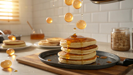 Pouring Syrup Over Stack of Pancakes