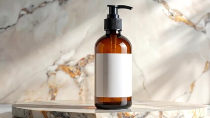 Amber Glass Pump Bottle with Blank Label on Marble Background.