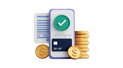 A 3D illustration shows a successful mobile payment with a green checkmark on a smartphone screen alongside a credit card and gold coins symbolizing a completed financial transaction