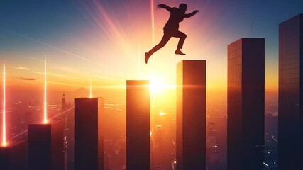 Ambitious Businessman Leaping Across Growth Chart Towards Success. - Powered by Adobe