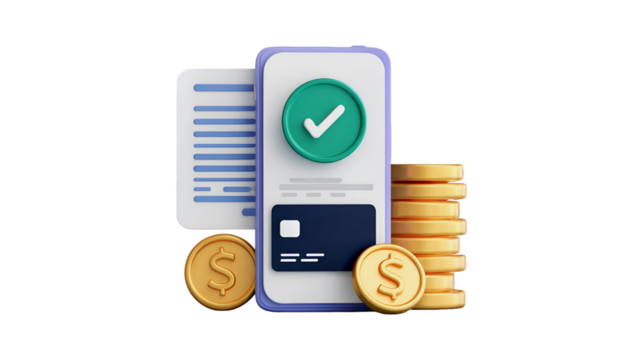 A 3D illustration shows a successful mobile payment with a green checkmark on a smartphone screen alongside a credit card and gold coins symbolizing a completed financial transaction